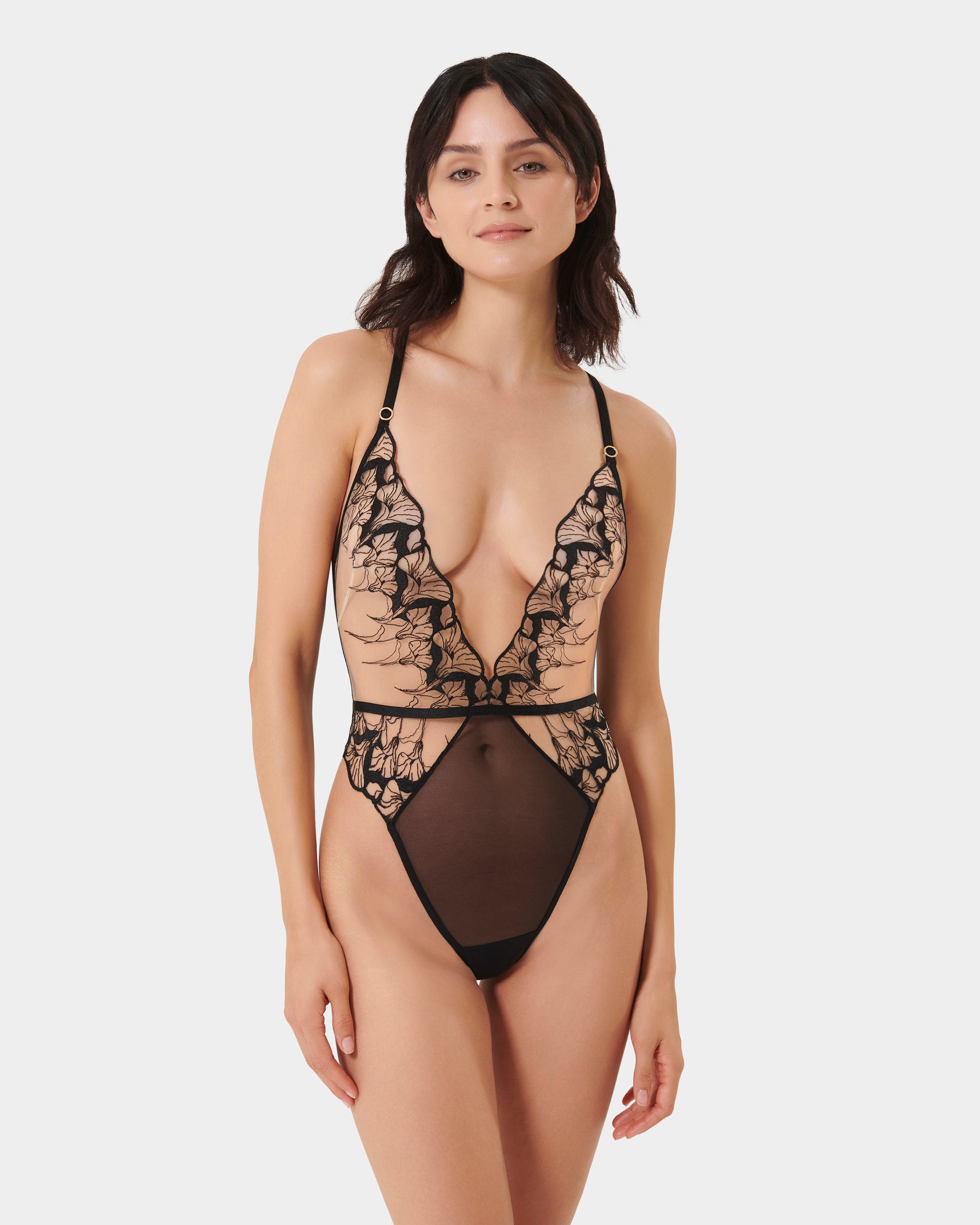 Kalmia Embroidered Sheer Bodysuit Black
