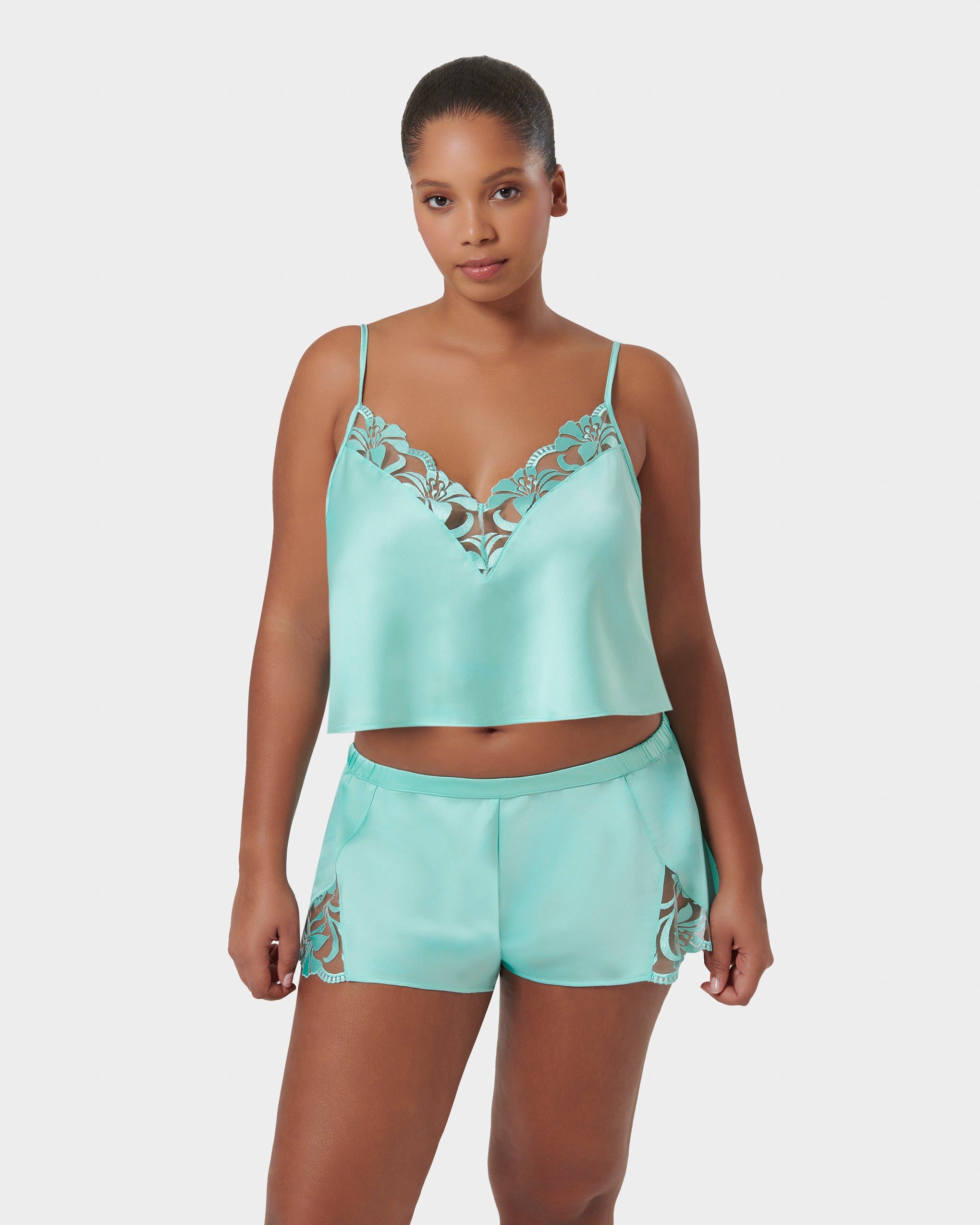 Leonora Luxury Satin Cami and Short Set Island Paradise Blue/Sheer